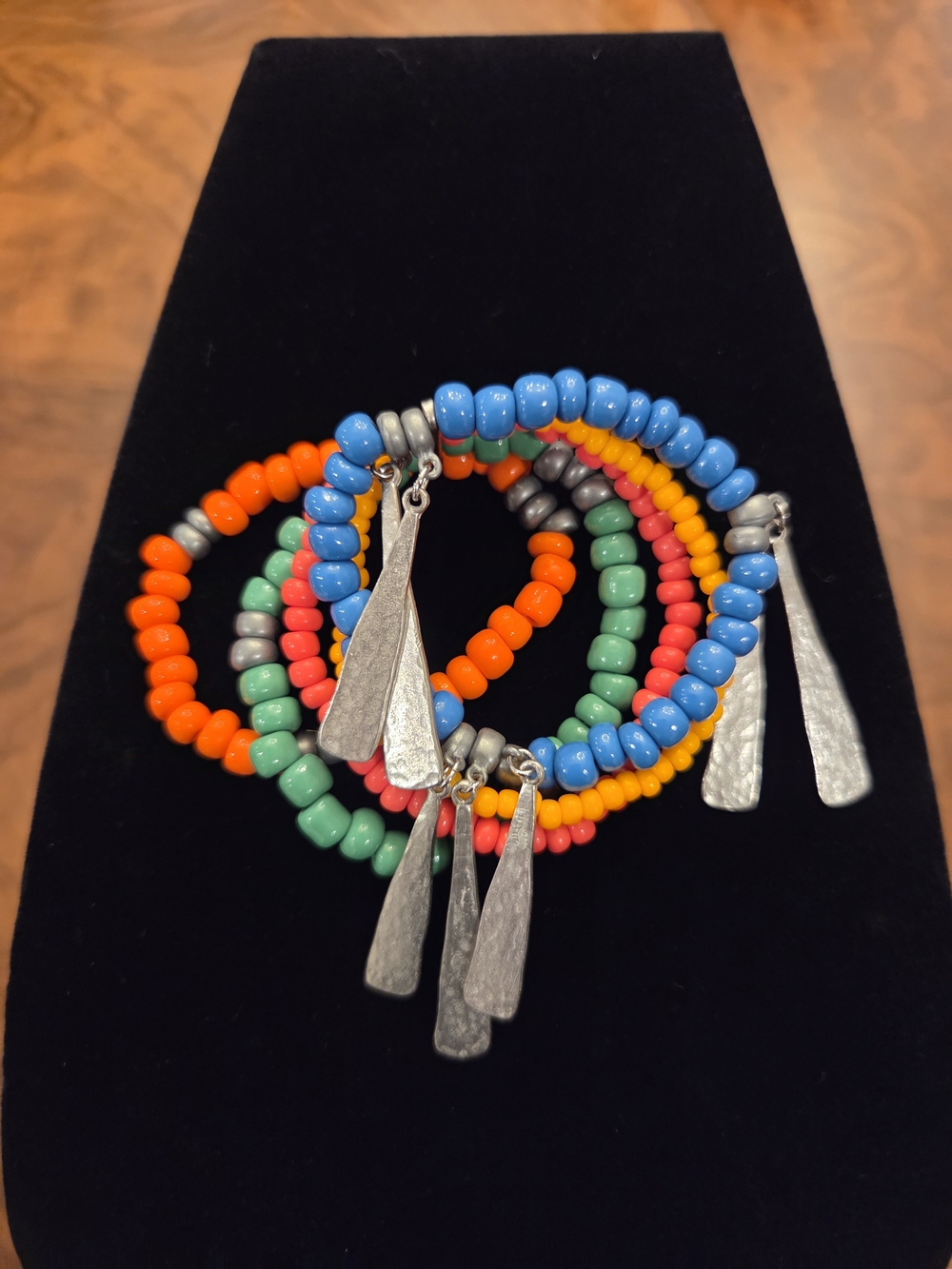 Colorful Trible Multistrand Beaded Women’s Bracelet with Silver Tone Charms